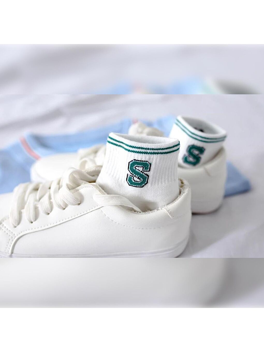 Beyaz 5 Çift Çizgili Harf Kolej Kadın  Çorap-2