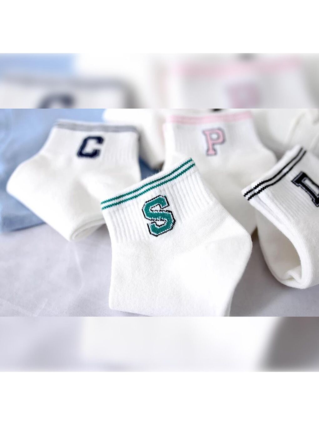 Beyaz 5 Çift Çizgili Harf Kolej Kadın  Çorap-3
