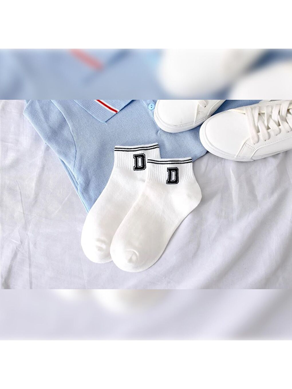 Beyaz 5 Çift Çizgili Harf Kolej Kadın  Çorap-4