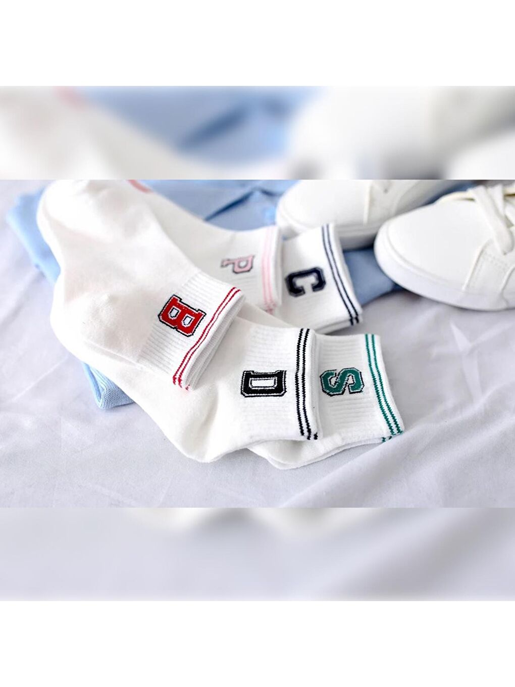 Beyaz 5 Çift Çizgili Harf Kolej Kadın  Çorap-5