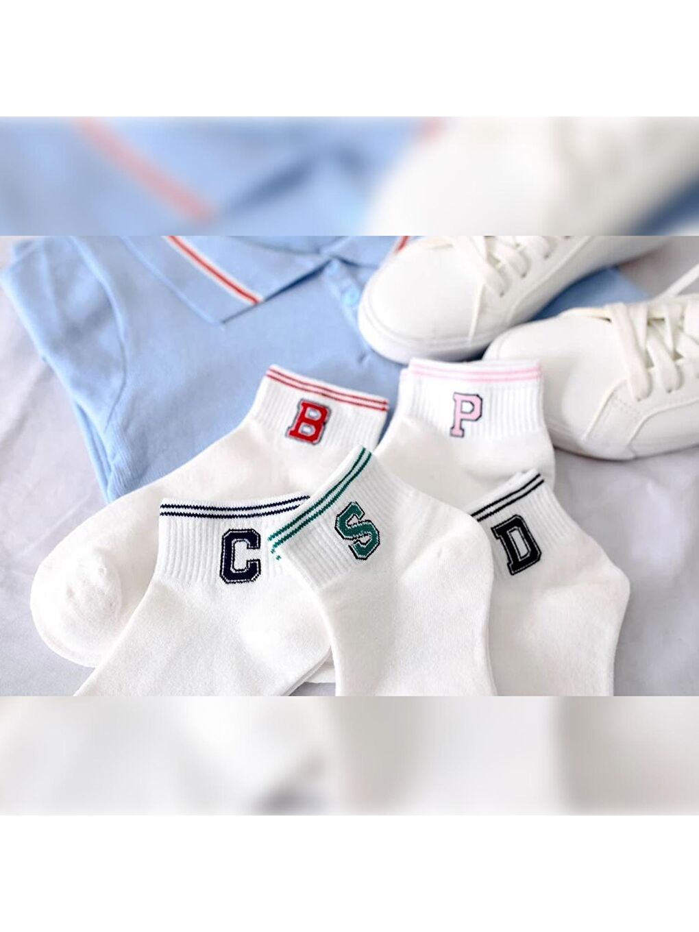 Beyaz 5 Çift Çizgili Harf Kolej Kadın  Çorap-6