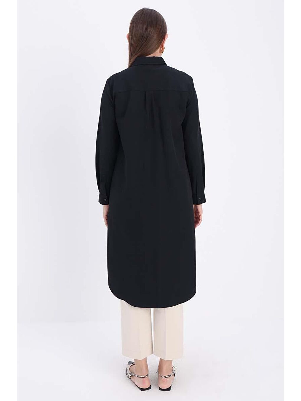 Siyah Basic Gizli Patlı Uzun Gömlek-3