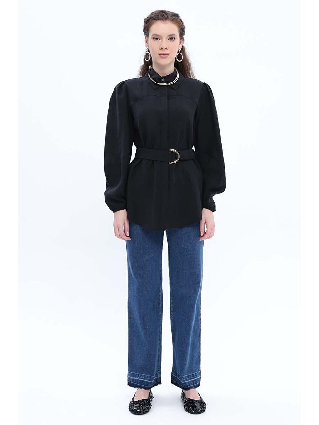 Siyah Kemerli Balon Kol Gömlek Tunik-1
