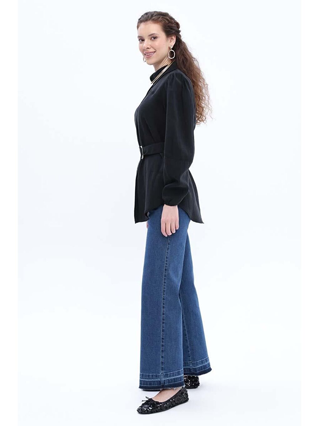 Siyah Kemerli Balon Kol Gömlek Tunik-2