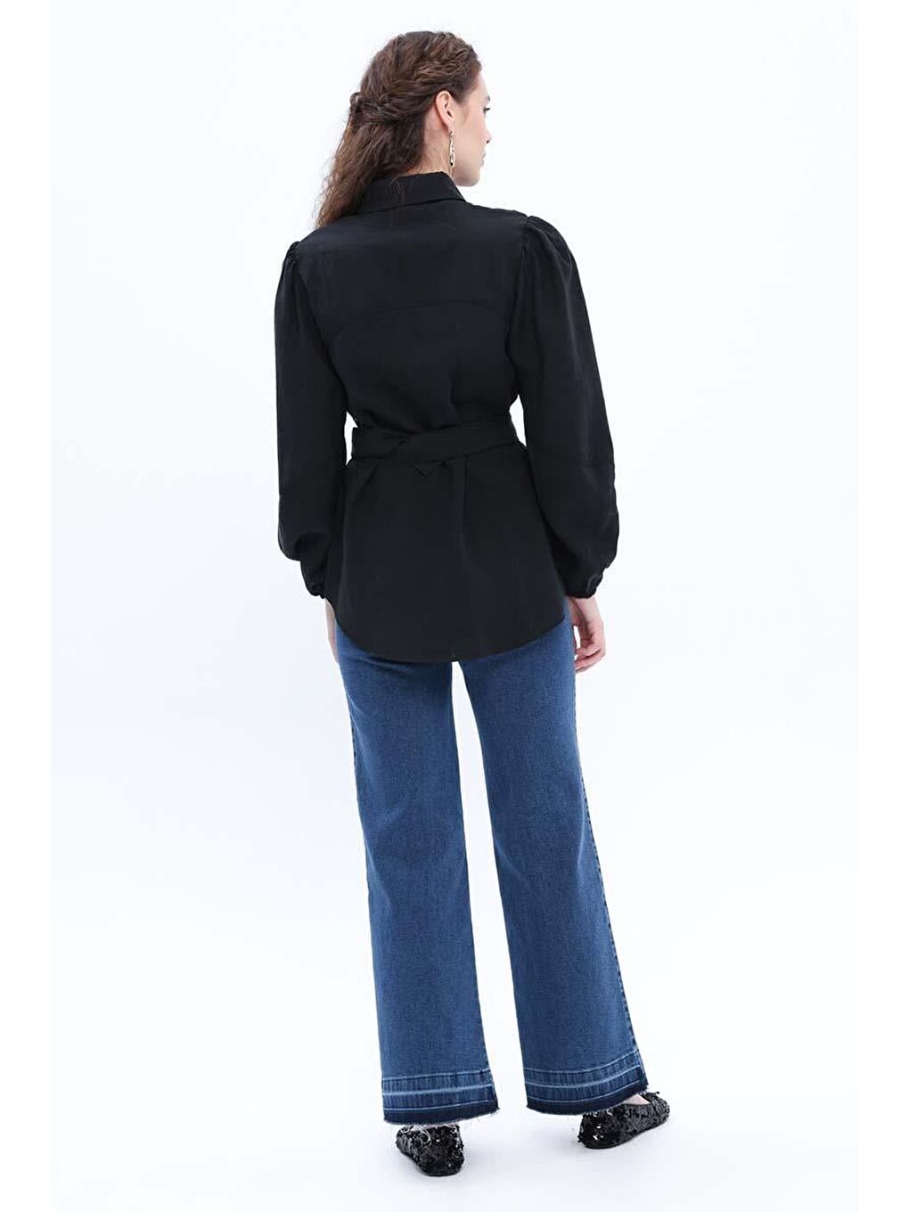 Siyah Kemerli Balon Kol Gömlek Tunik-3