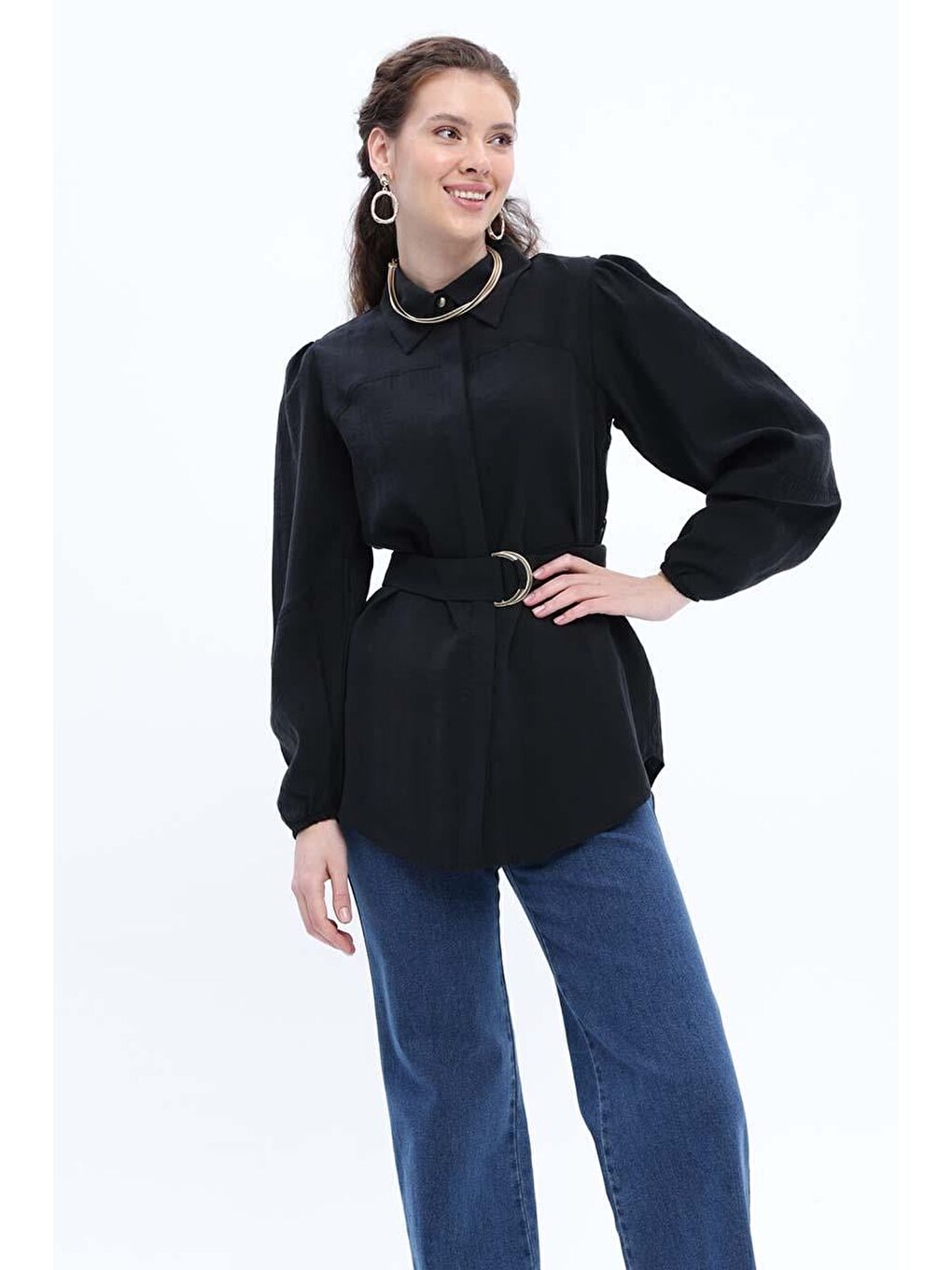 Siyah Kemerli Balon Kol Gömlek Tunik-4