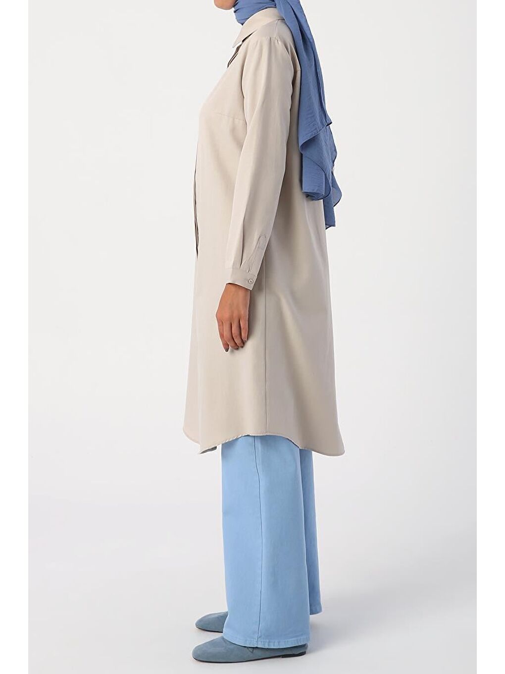 Ekru Basic Gizli Patlı Uzun Gömlek-2