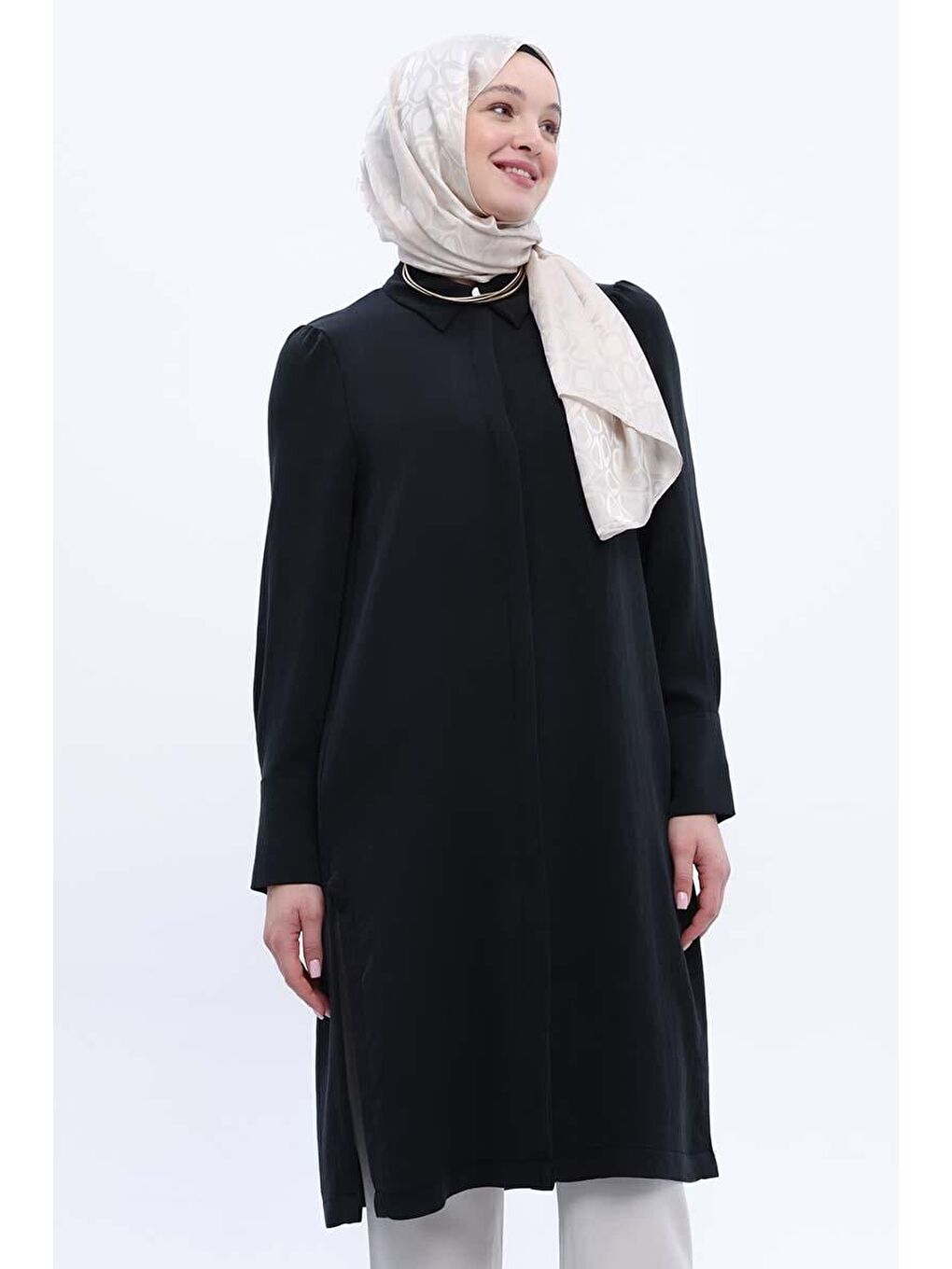 Siyah Metal Düğme Detaylı Patlı Gömlek Tunik-4