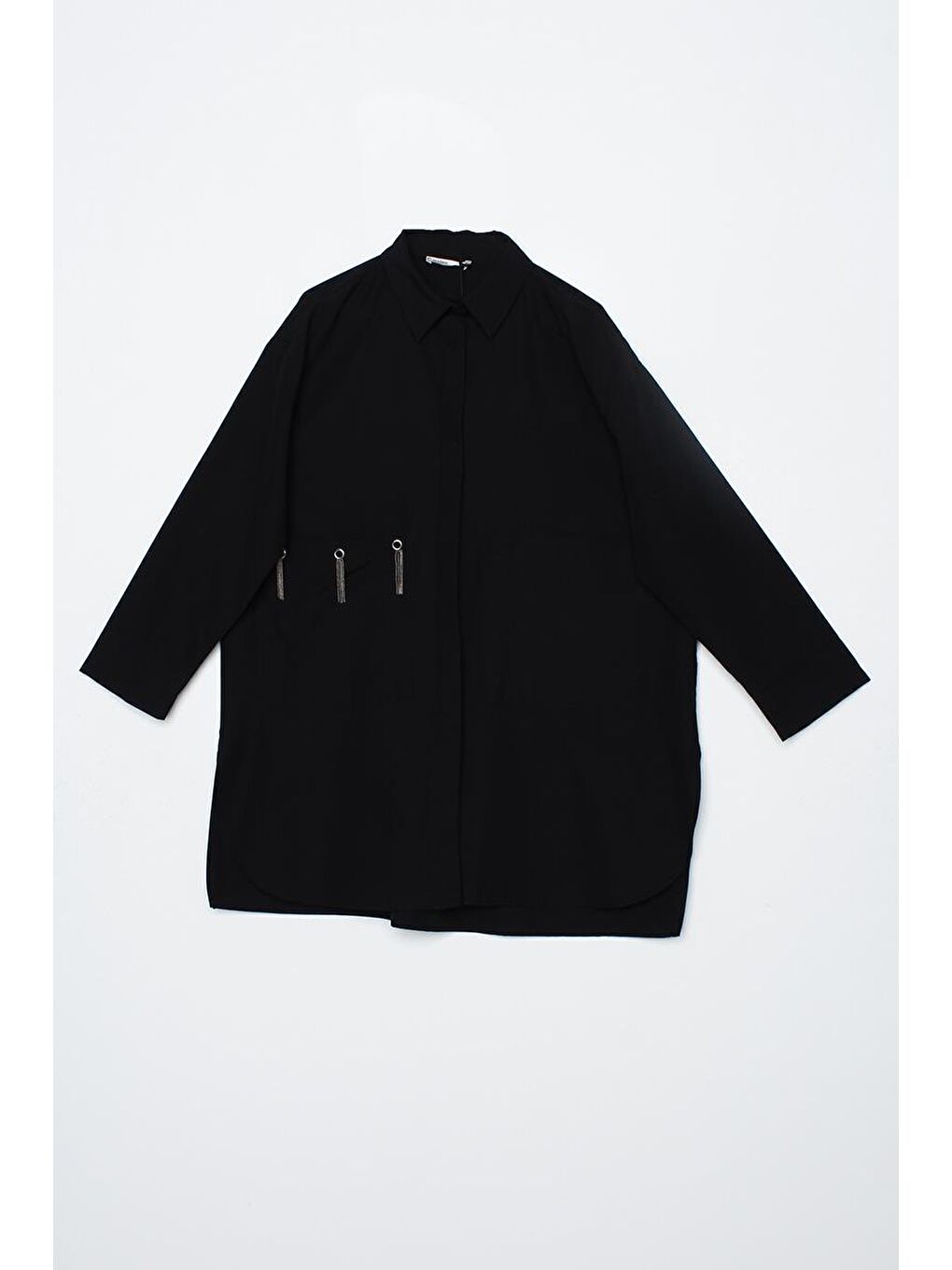 Siyah Büyük Cepli Kuşgözlü Oversize Gömlek-5