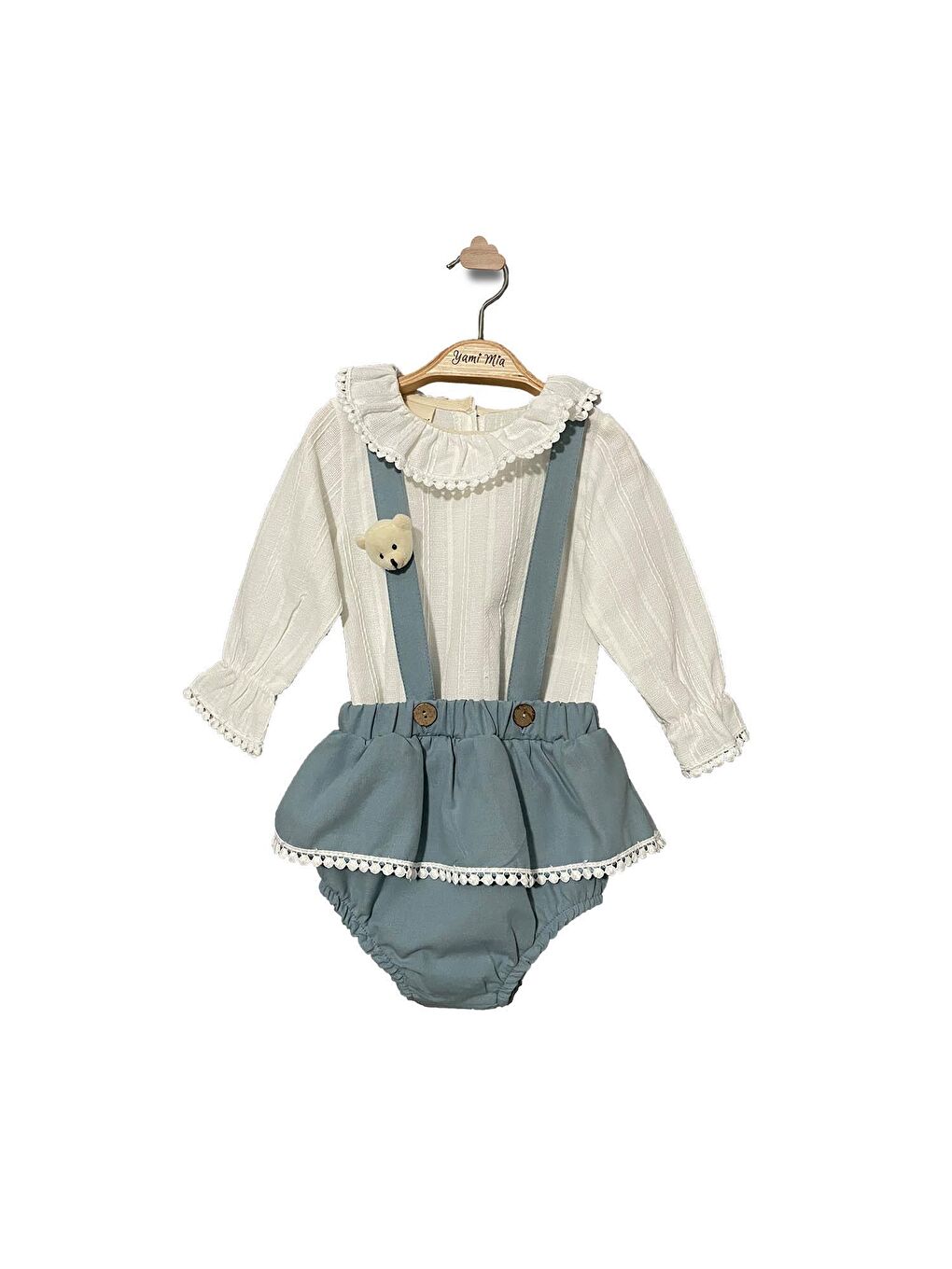 Mavi Ayıcık Detaylı Kız Bebek Salopet Takım