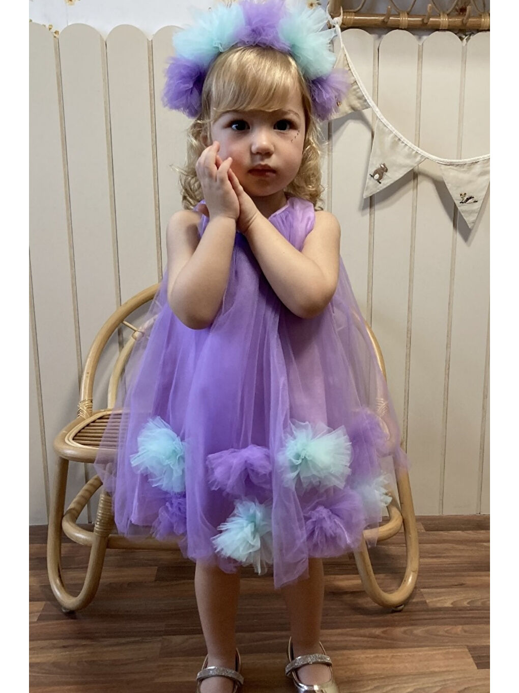 Lila Eteği Ponpon Detaylı Kız Çocuk Elbise - Alexa-1