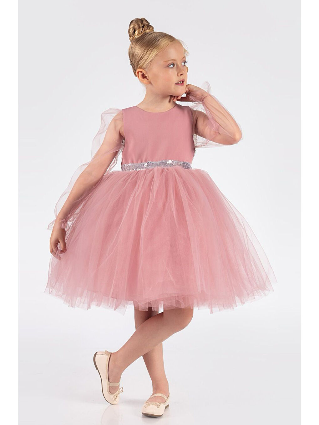 Pembe Gülkurusu Pullu Kanat Detaylı Kız Çocuk Elbise - Angela