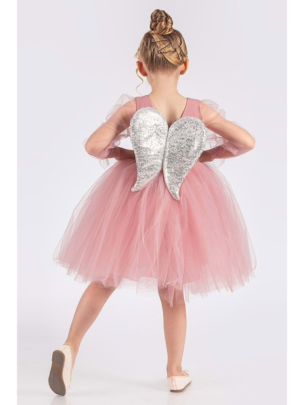 Pembe Gülkurusu Pullu Kanat Detaylı Kız Çocuk Elbise - Angela-1