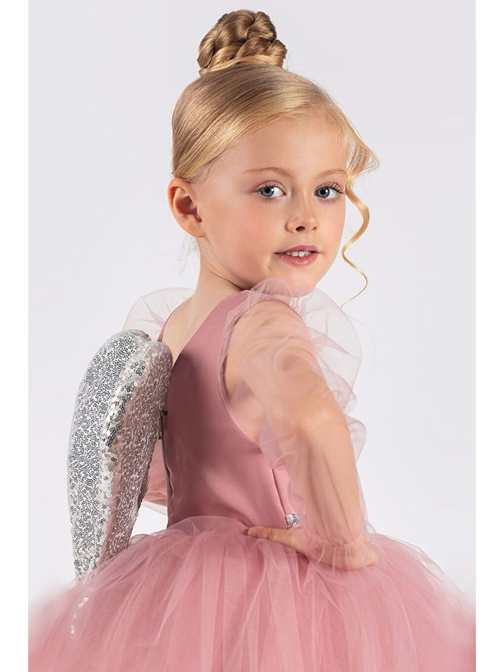 Pembe Gülkurusu Pullu Kanat Detaylı Kız Çocuk Elbise - Angela-2