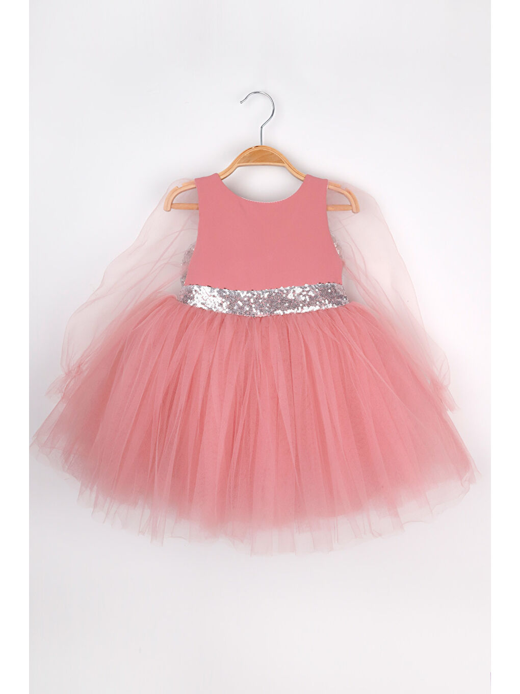 Pembe Gülkurusu Pullu Kanat Detaylı Kız Çocuk Elbise - Angela-3