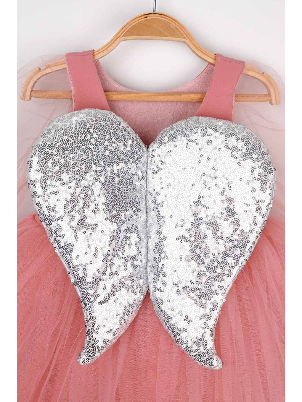 Pembe Gülkurusu Pullu Kanat Detaylı Kız Çocuk Elbise - Angela-5