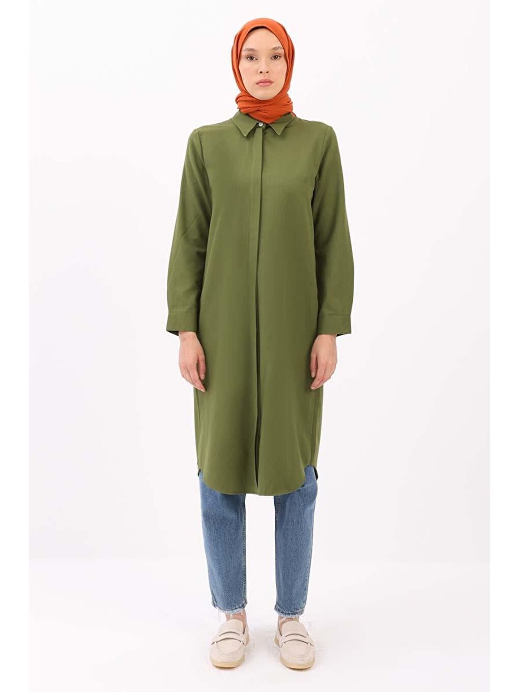 Haki Basic Gizli Patlı Uzun Gömlek