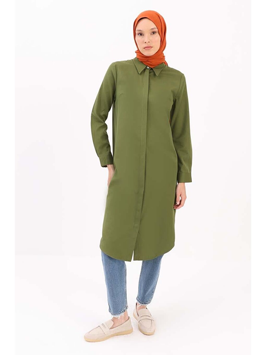 Haki Basic Gizli Patlı Uzun Gömlek-1