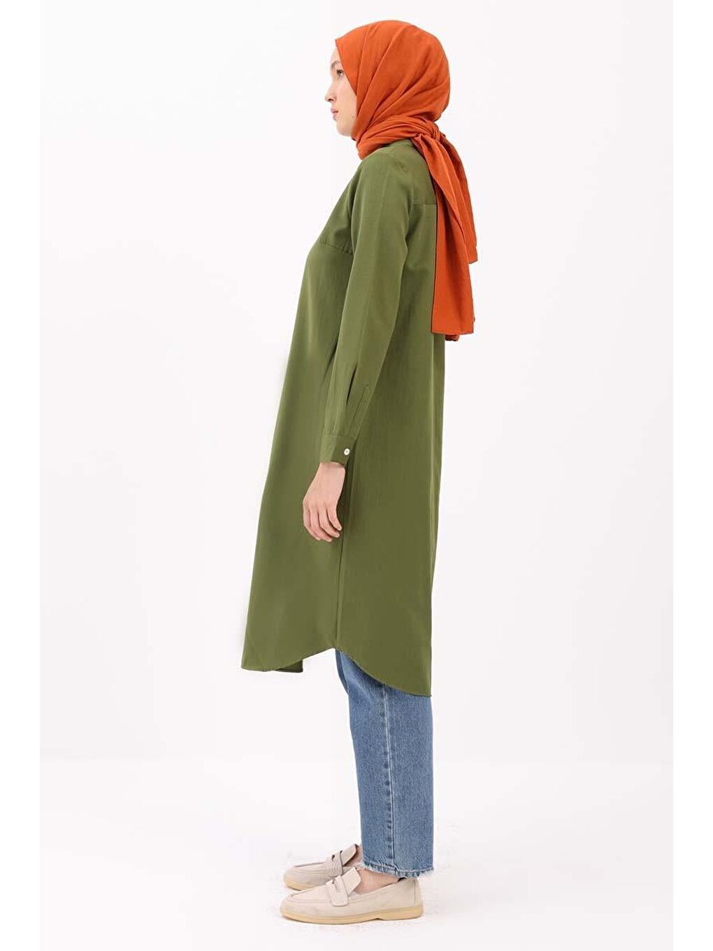 Haki Basic Gizli Patlı Uzun Gömlek-2