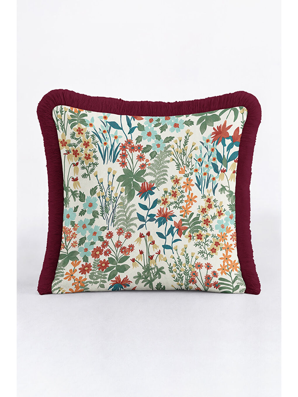 Karışık Göz alıcı Çiçek Bahçesi Saçaklı Yastık Kılıfı - Floral Vintage Bohem Bordo Püsküllü Kırlent Kılıfı