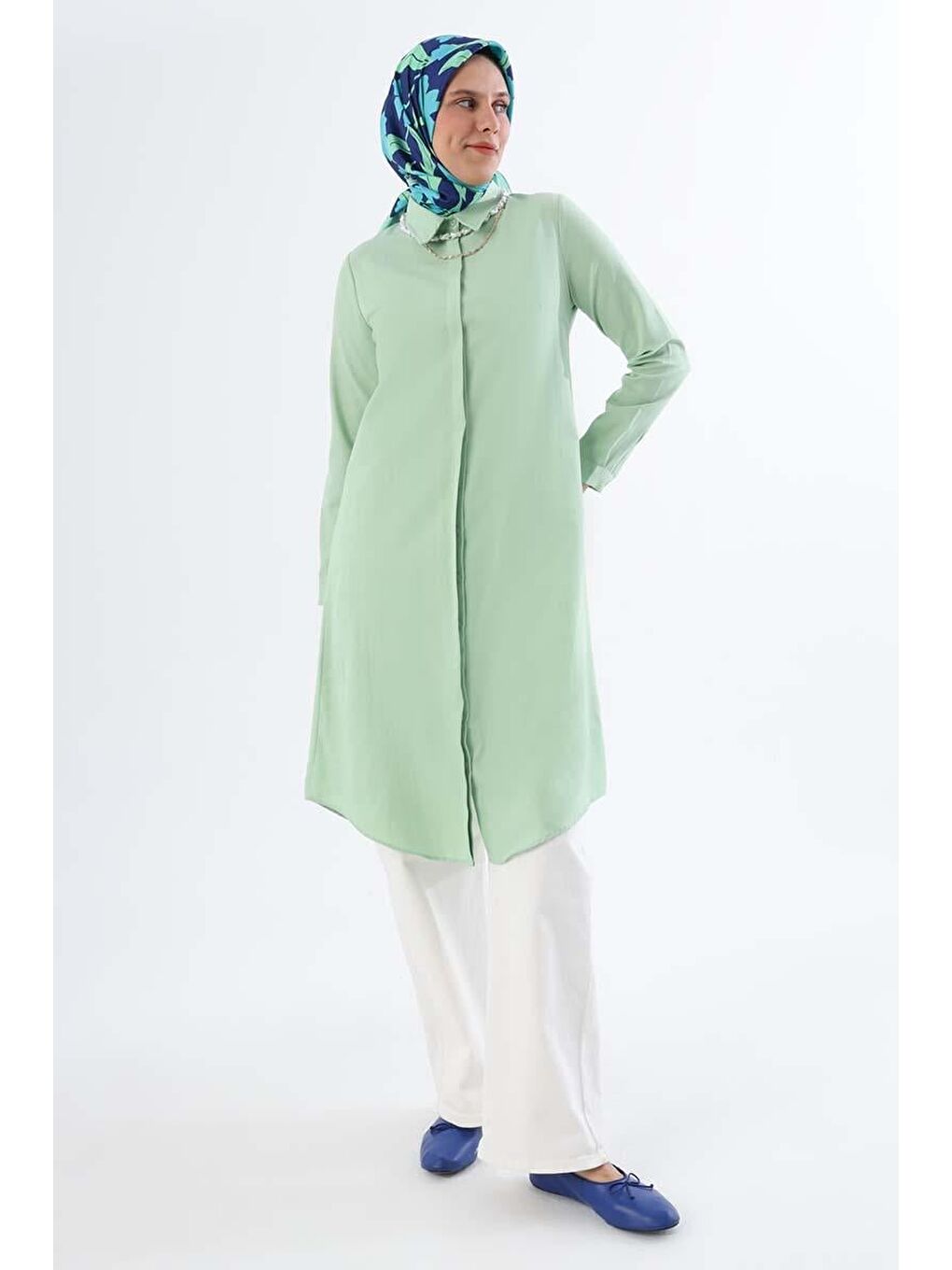 Turkuaz Su Yeşili Basic Gizli Patlı Tunik