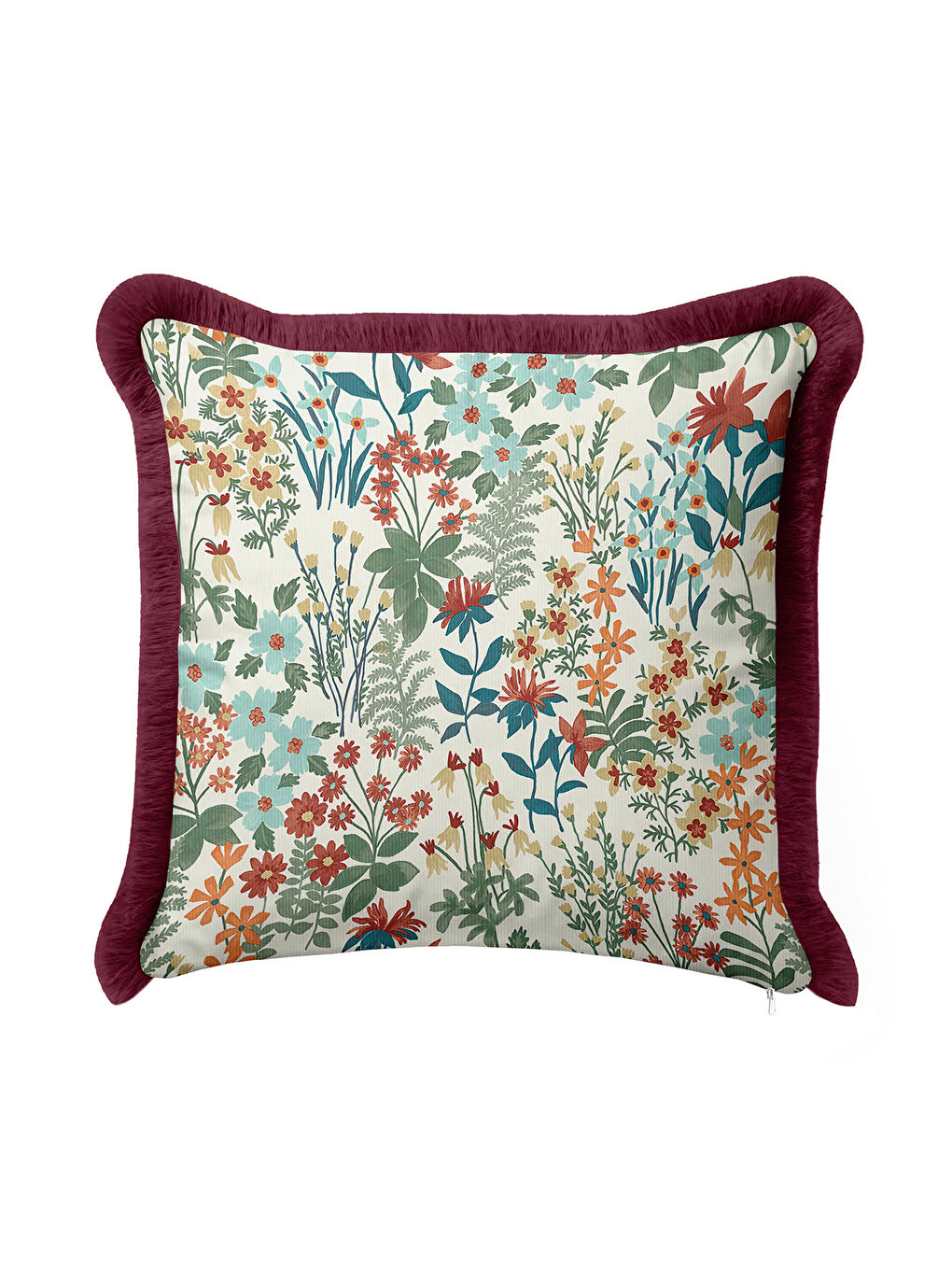 Karışık Göz alıcı Çiçek Bahçesi Saçaklı Yastık Kılıfı - Floral Vintage Bohem Bordo Püsküllü Kırlent Kılıfı-1