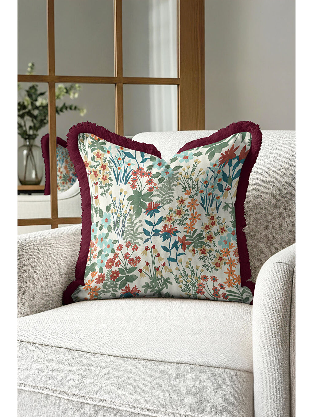 Karışık Göz alıcı Çiçek Bahçesi Saçaklı Yastık Kılıfı - Floral Vintage Bohem Bordo Püsküllü Kırlent Kılıfı-2