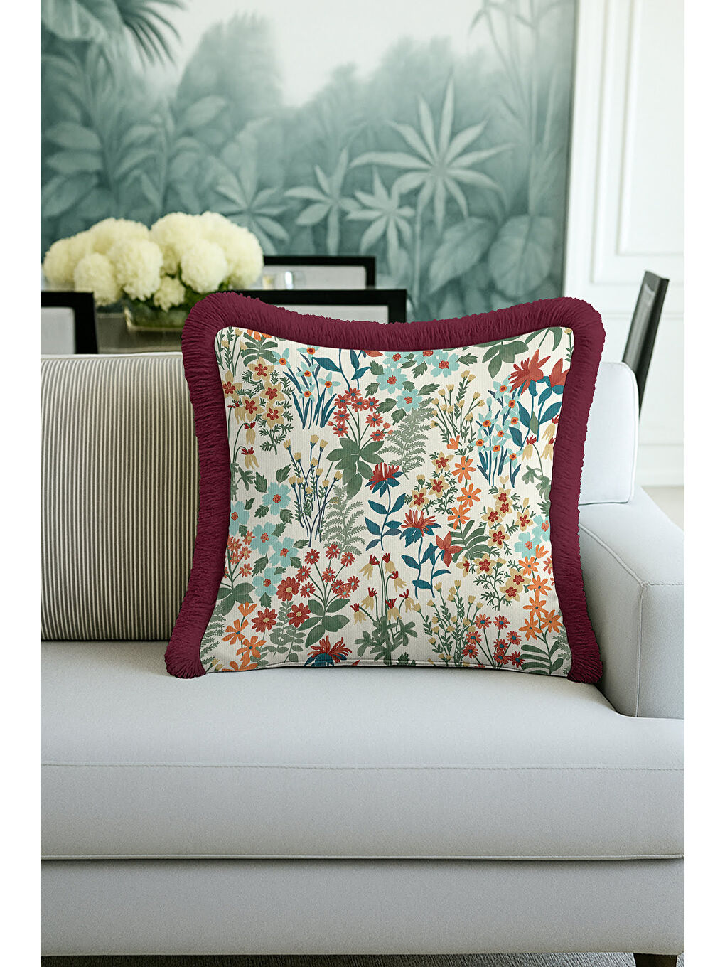 Karışık Göz alıcı Çiçek Bahçesi Saçaklı Yastık Kılıfı - Floral Vintage Bohem Bordo Püsküllü Kırlent Kılıfı-3
