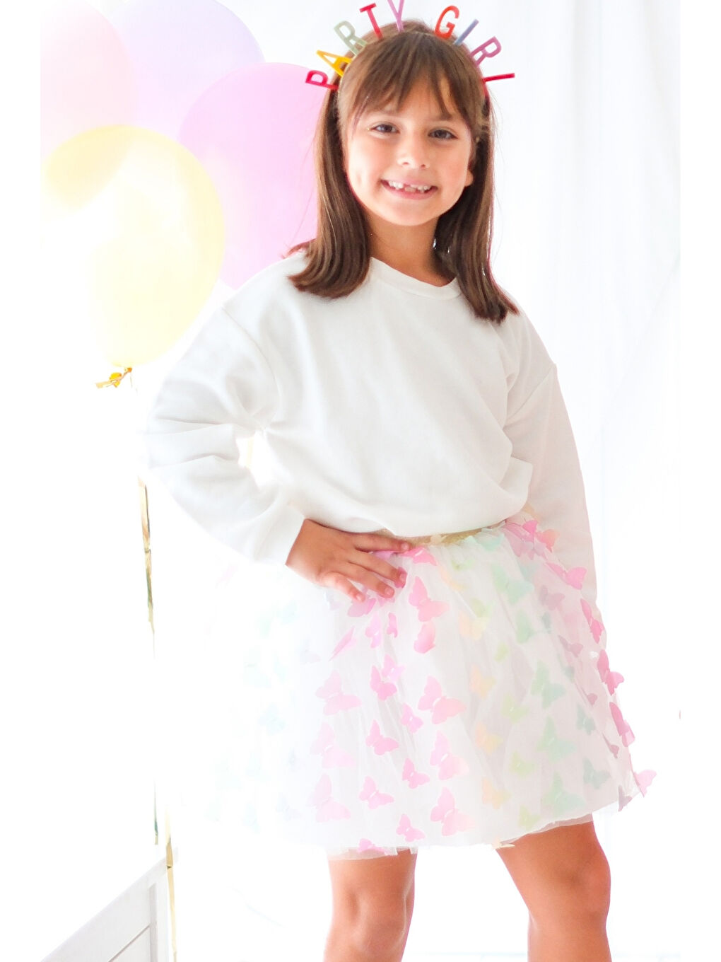 Karışık Çok Renkli Kelebek Aplikeli Kız Çocuk Tül Etek - Pauline