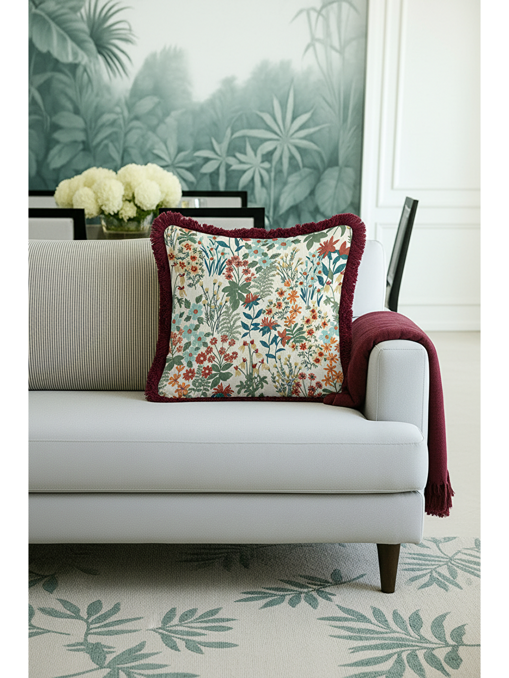 Karışık Göz alıcı Çiçek Bahçesi Saçaklı Yastık Kılıfı - Floral Vintage Bohem Bordo Püsküllü Kırlent Kılıfı-4