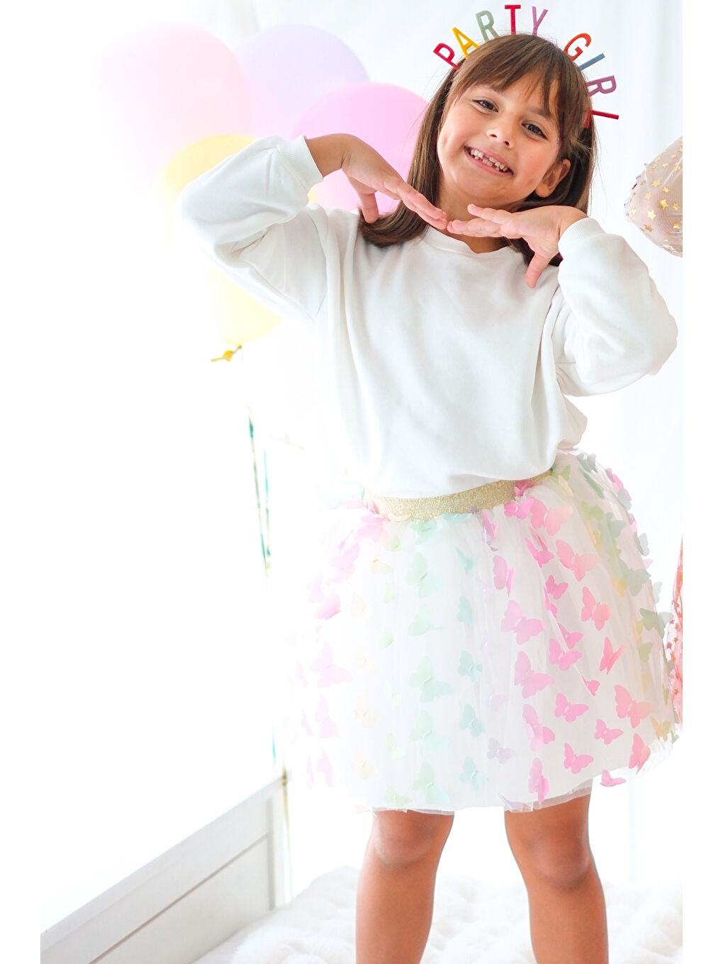 Karışık Çok Renkli Kelebek Aplikeli Kız Çocuk Tül Etek - Pauline-1