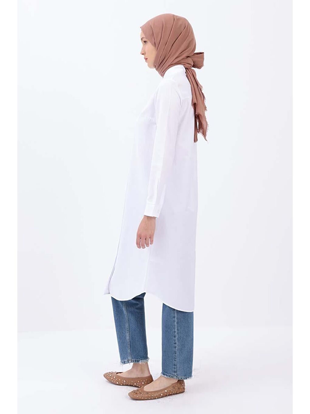 Beyaz Basic Gizli Patlı Uzun Gömlek-2