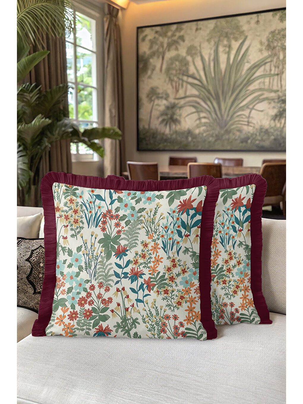 Karışık Göz alıcı Çiçek Bahçesi Saçaklı Yastık Kılıfı - Floral Vintage Bohem Bordo Püsküllü Kırlent Kılıfı-5