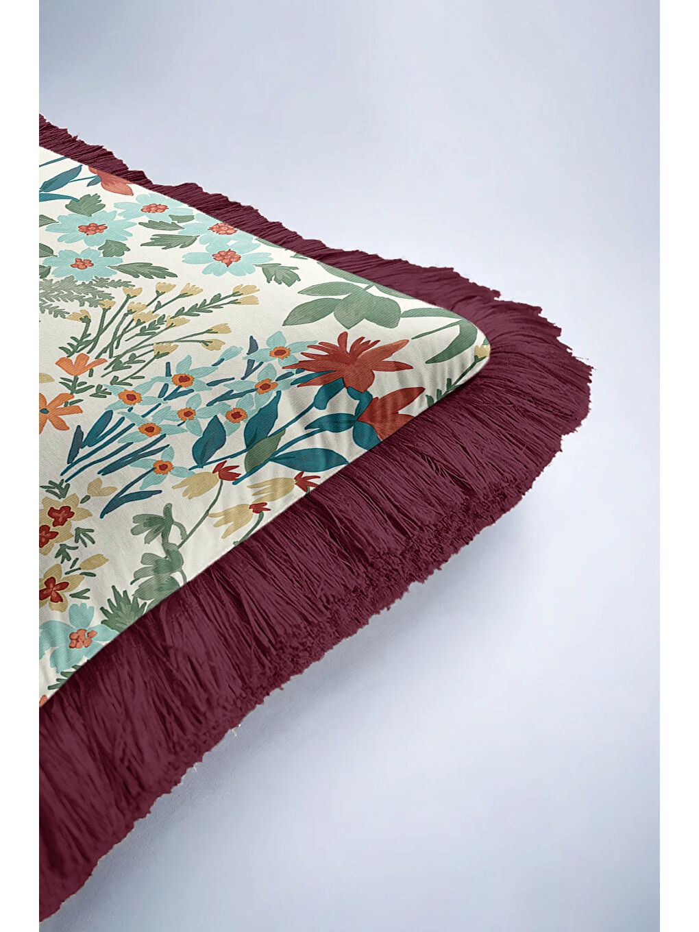 Karışık Göz alıcı Çiçek Bahçesi Saçaklı Yastık Kılıfı - Floral Vintage Bohem Bordo Püsküllü Kırlent Kılıfı-6