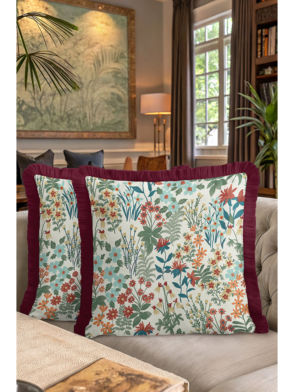 Karışık Göz alıcı Çiçek Bahçesi Saçaklı Yastık Kılıfı - Floral Vintage Bohem Bordo Püsküllü Kırlent Kılıfı-7