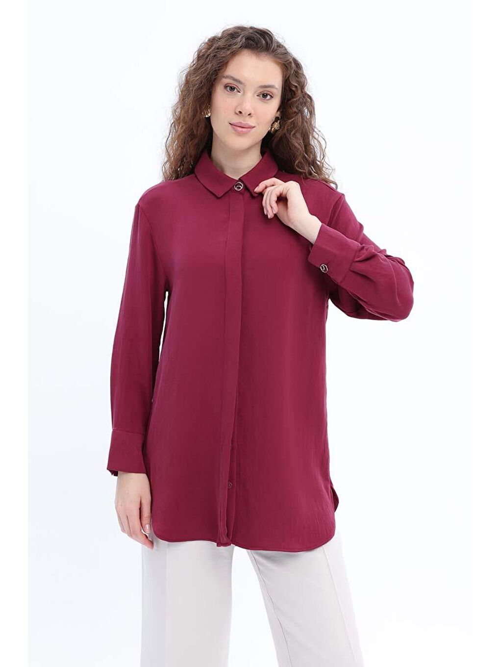 Mürdüm-Gizli Patlı Metal Düğmeli Gömlek