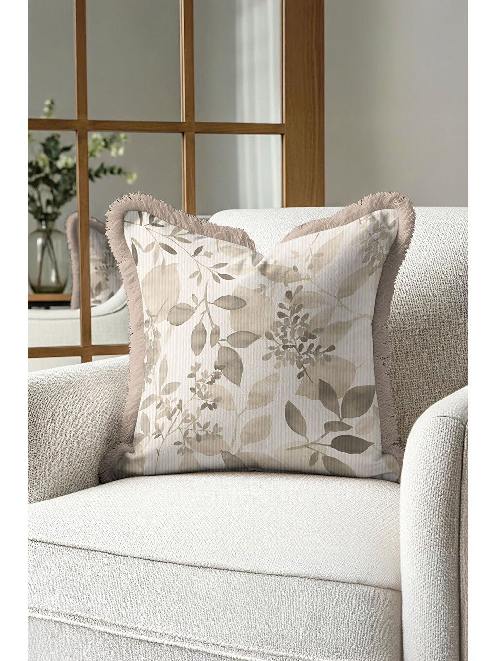 Karışık Zarif Yaprak Motifli Saçaklı Yastık Kılıfı - Doğal Tonlu Eko Rustik Bej Püsküllü Kırlent Kılıfı-1