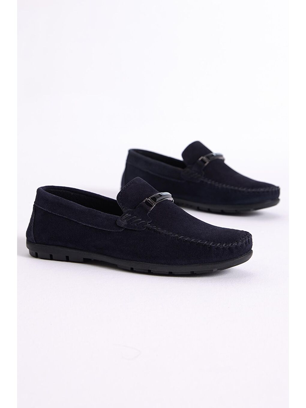 Erkek Lacivert Önü Tokalı Süet Hakiki Deri Loafer-1