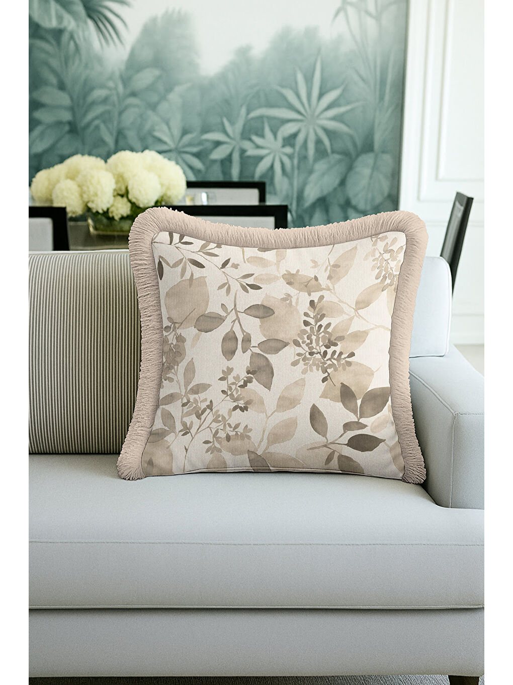 Karışık Zarif Yaprak Motifli Saçaklı Yastık Kılıfı - Doğal Tonlu Eko Rustik Bej Püsküllü Kırlent Kılıfı-2