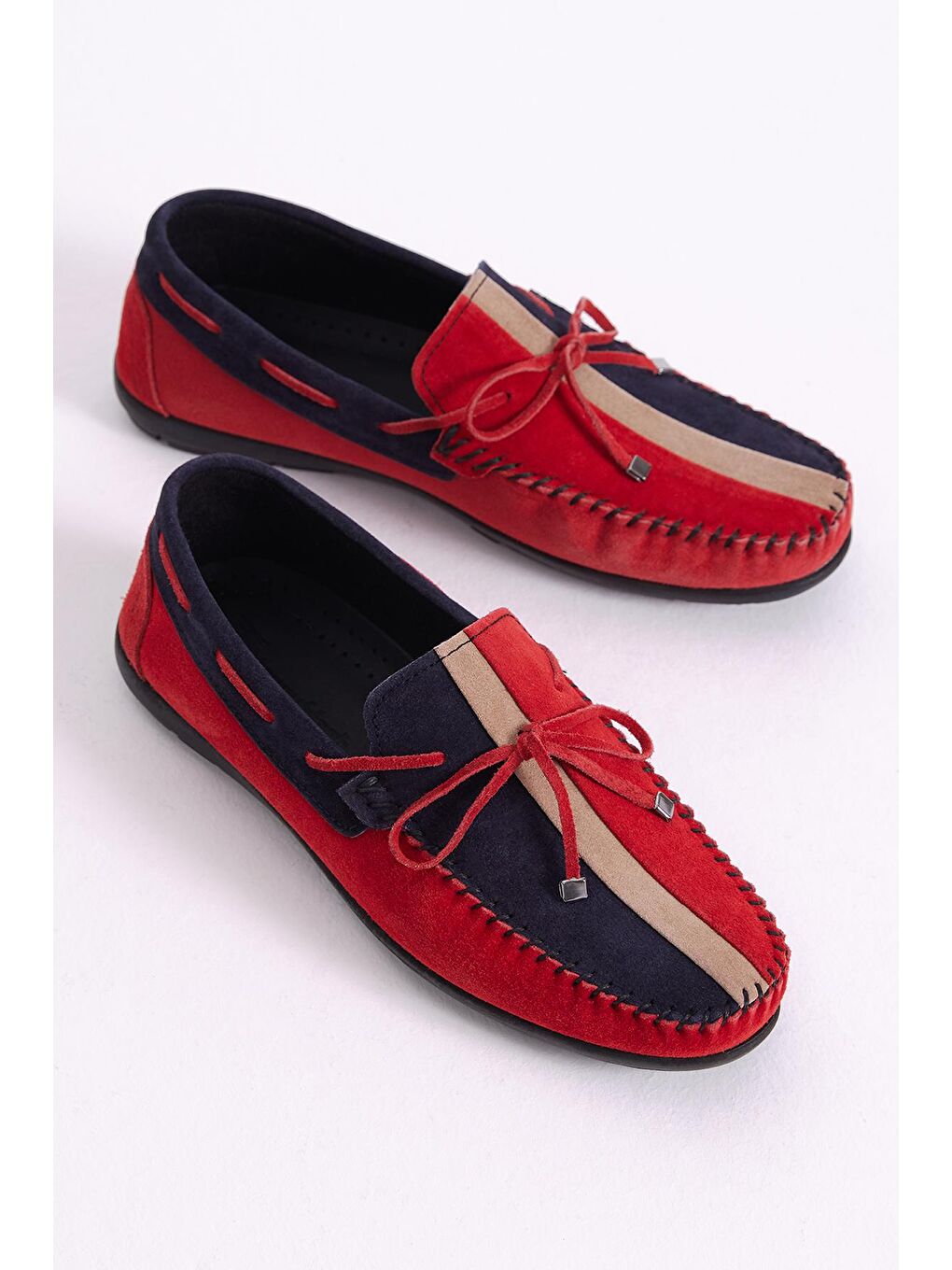 Erkek Kırmızı Önü Fiyonklu Renkli Hakiki Deri Loafer