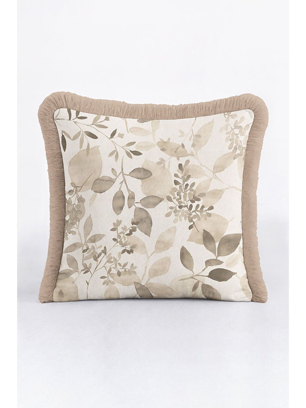 Karışık Zarif Yaprak Motifli Saçaklı Yastık Kılıfı - Doğal Tonlu Eko Rustik Bej Püsküllü Kırlent Kılıfı-3