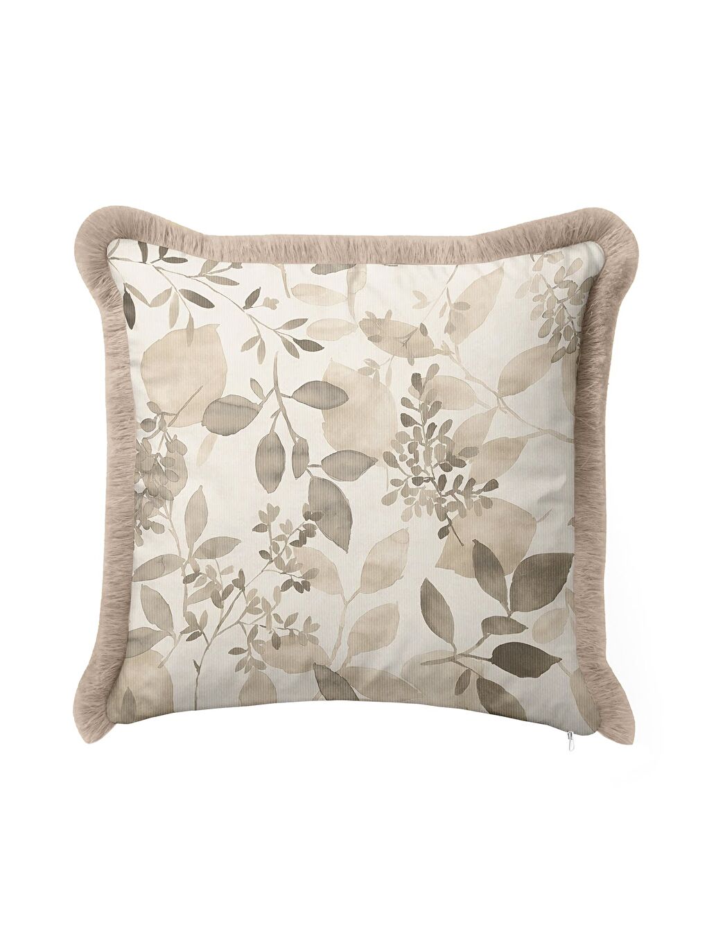 Karışık Zarif Yaprak Motifli Saçaklı Yastık Kılıfı - Doğal Tonlu Eko Rustik Bej Püsküllü Kırlent Kılıfı-4