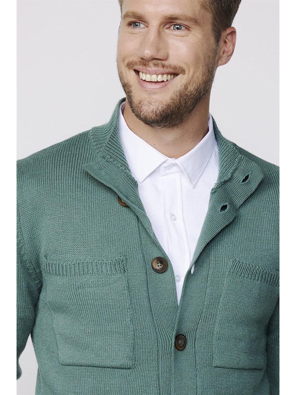 Erkek Slim Fit Dik Yaka Düğmeli Çift Cepli Yeşil Hırka-2