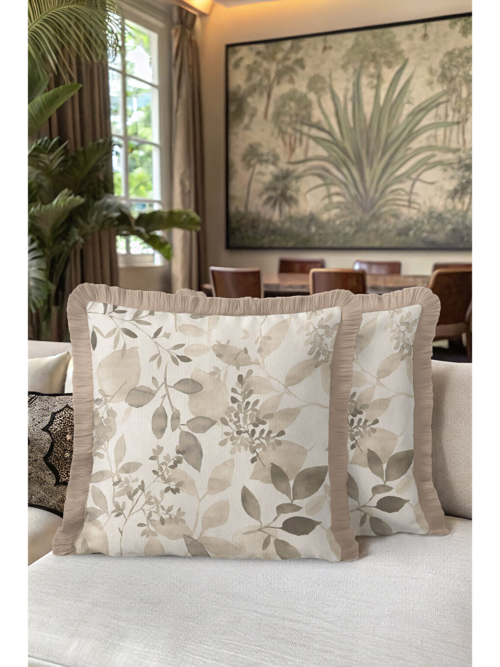 Karışık Zarif Yaprak Motifli Saçaklı Yastık Kılıfı - Doğal Tonlu Eko Rustik Bej Püsküllü Kırlent Kılıfı-5