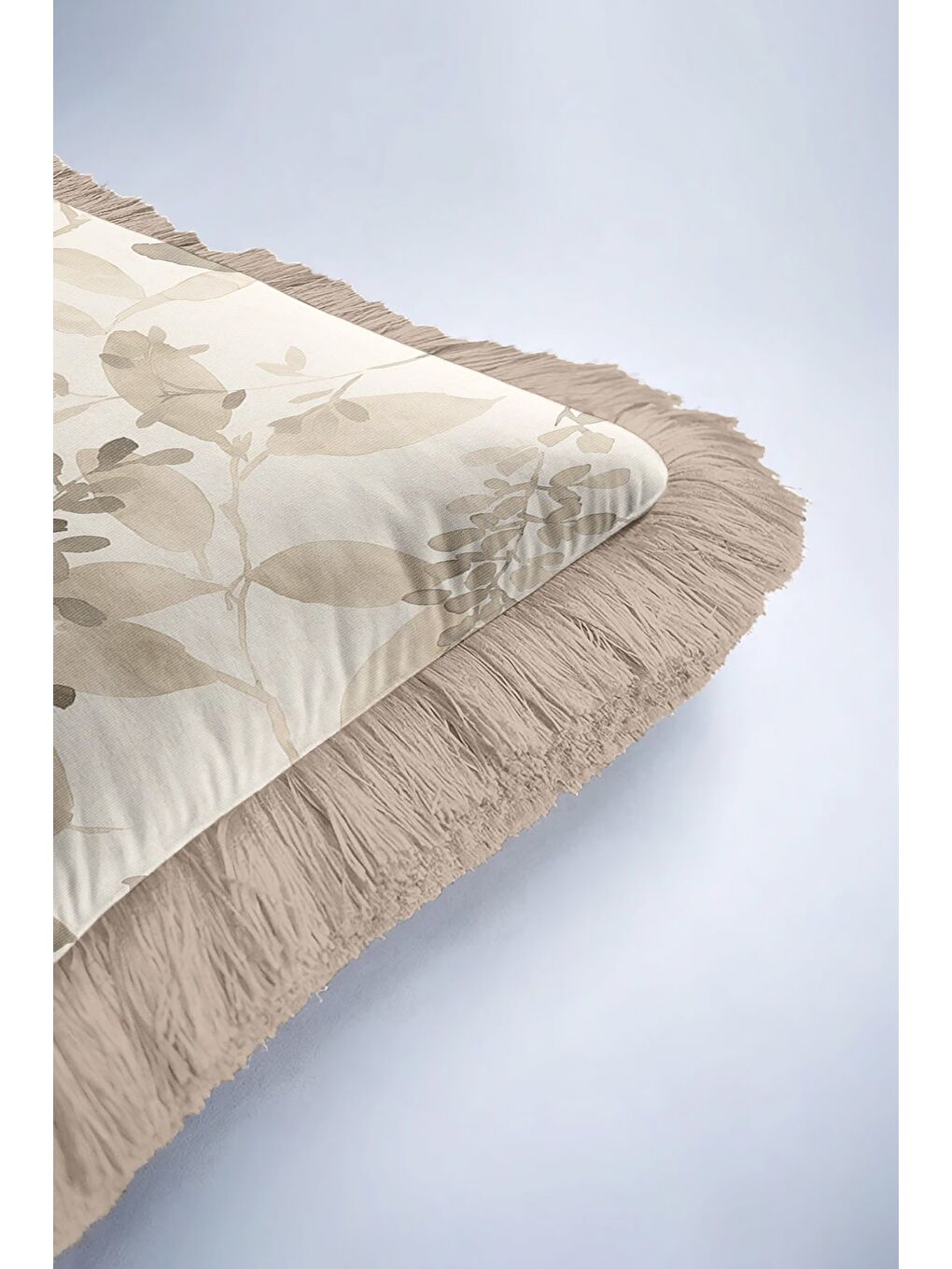 Karışık Zarif Yaprak Motifli Saçaklı Yastık Kılıfı - Doğal Tonlu Eko Rustik Bej Püsküllü Kırlent Kılıfı-6