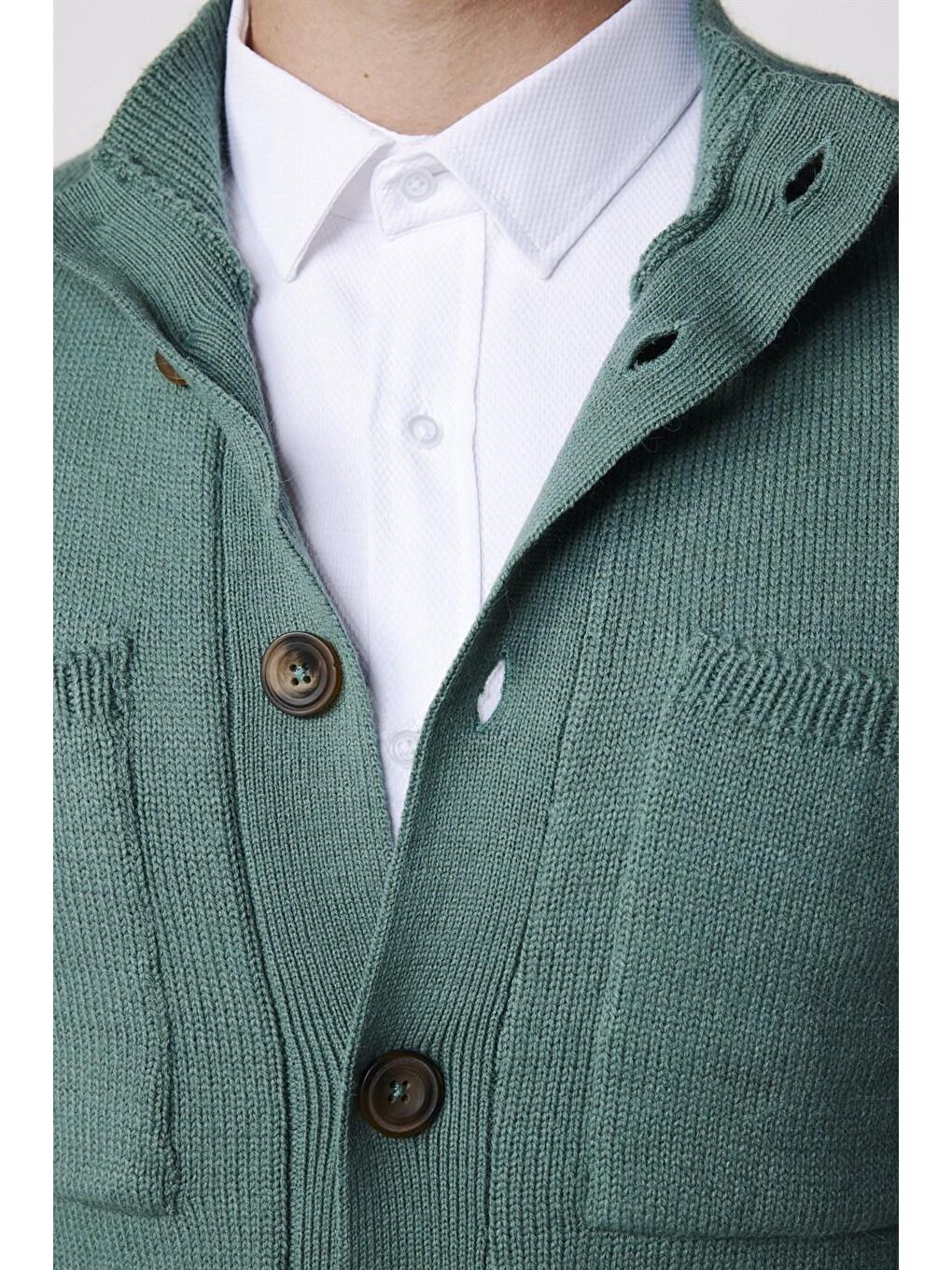 Erkek Slim Fit Dik Yaka Düğmeli Çift Cepli Yeşil Hırka-3