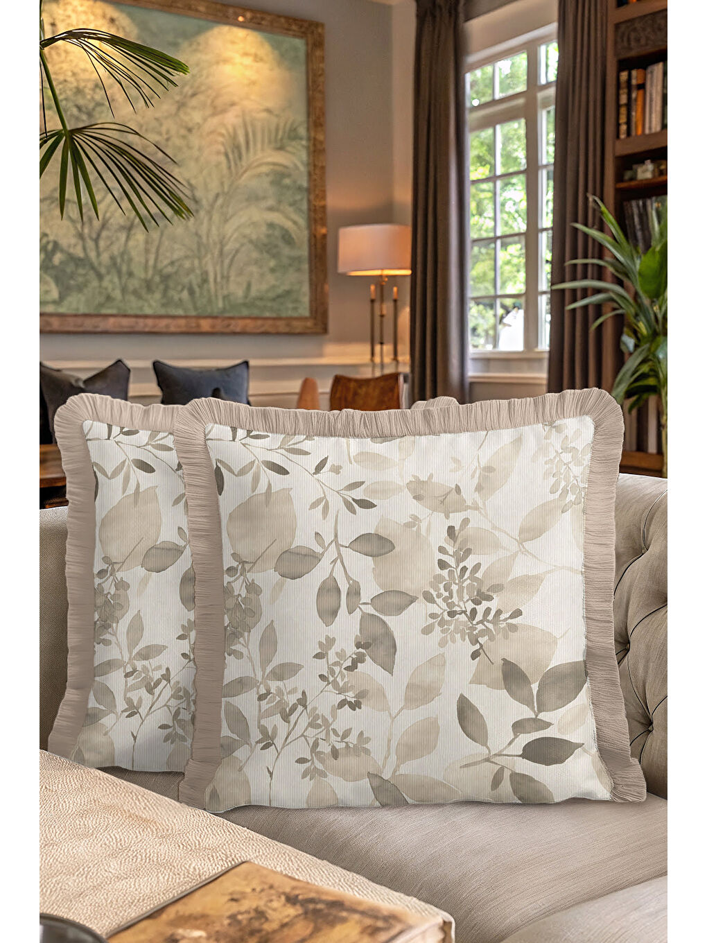 Karışık Zarif Yaprak Motifli Saçaklı Yastık Kılıfı - Doğal Tonlu Eko Rustik Bej Püsküllü Kırlent Kılıfı-7