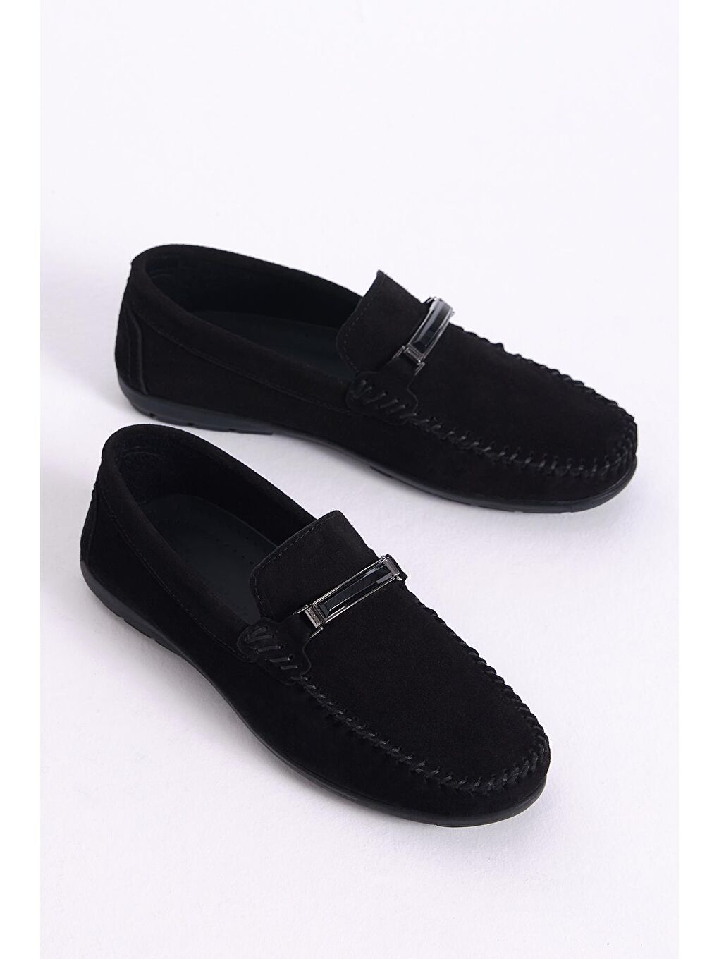 Erkek Siyah Önü Tokalı Süet Hakiki Deri Loafer-1