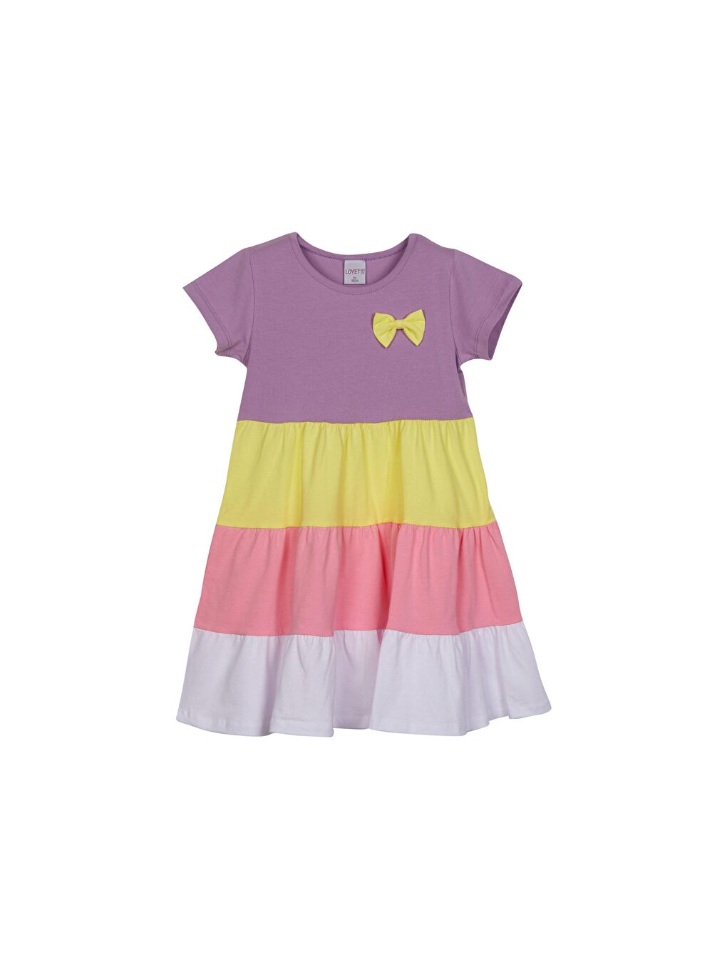 Lila + Beyaz Kız Çocuk Kısa Kol Fiyonklu Renkli Kat Kat Elbise