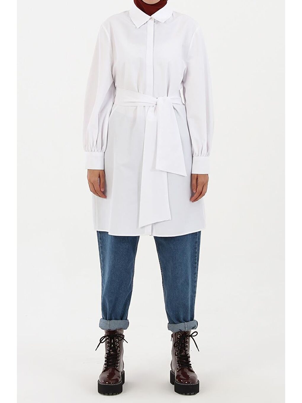 Beyaz-Balon Kol Kemer Detaylı Gömlek-1